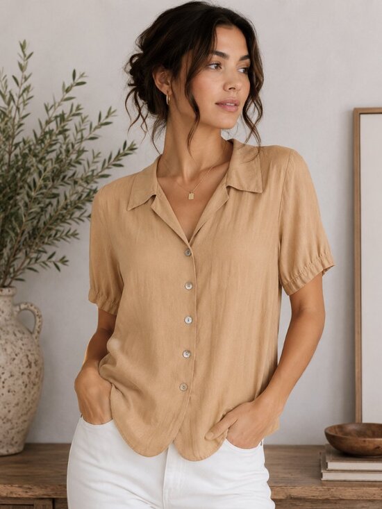 Notations Tops - Vintage Notations Petite Tan Button Front Blouse | 10P